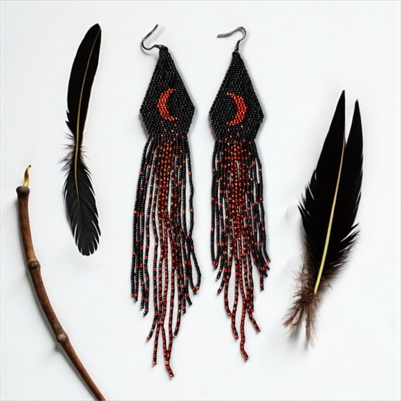 Hand Beaded Black/Red Extra Long Boho Crescent Moon Earrings - Picture 13 of 16